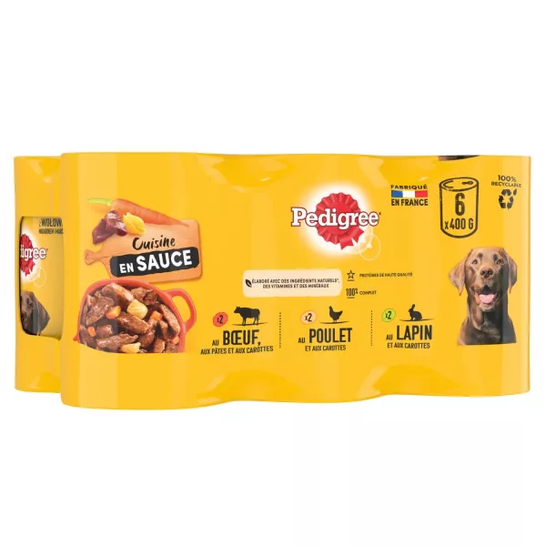 Boîtes pour chien Cuisine en sauce bœuf poulet et lapin 6 x 400 g Pedigree