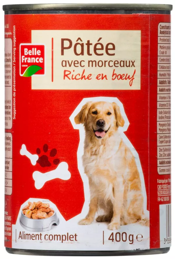 Pâtée avec morceaux riche en bœuf pour chien 400 g Belle France