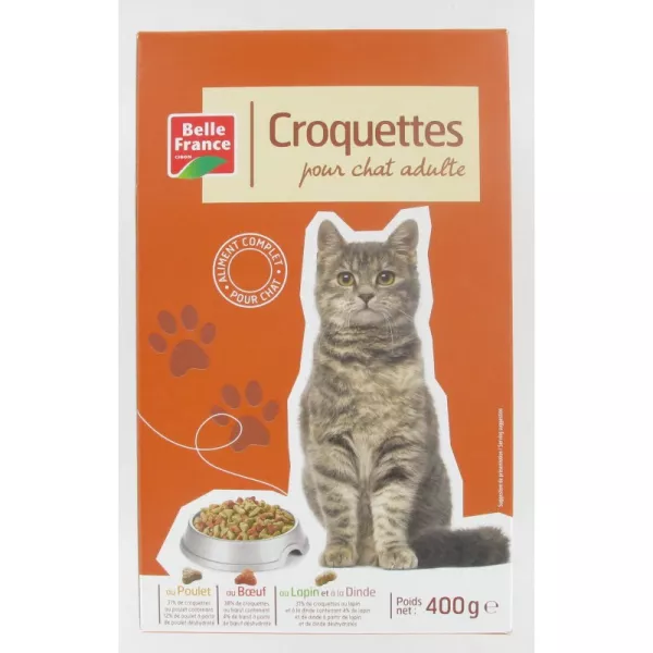 Croquettes pour chat adulte poulet bœuf lapin dinde 400 g Belle France
