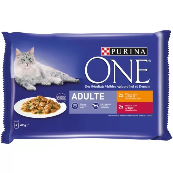 Pâtée pour chat adulte poulet et bœuf en sauce 4 x 85 g Purina One