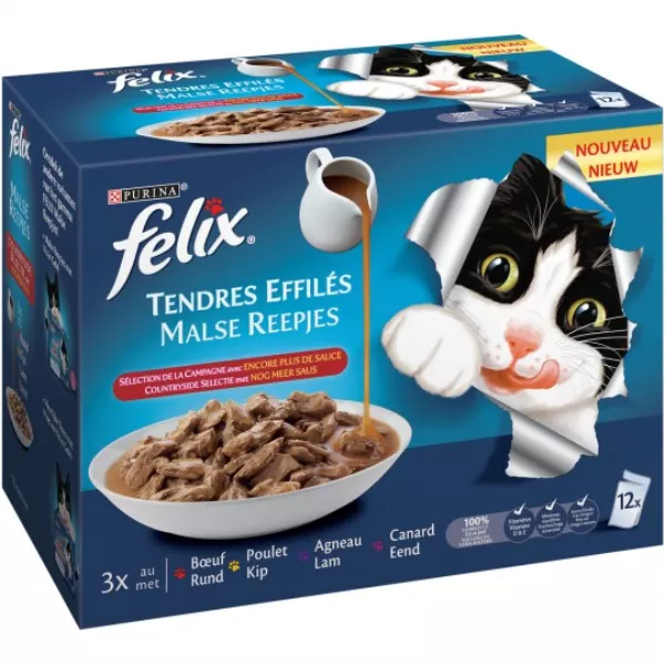 Tendres effilés pour chat adulte bœuf, poulet, agneau et canard 12 x 85 g