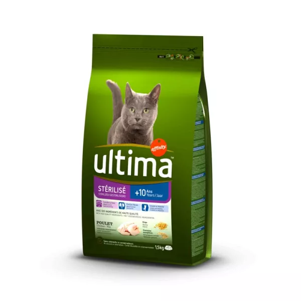 Croquettes pour chat stérilisé +10 ans poulet et orge 1,5 kg