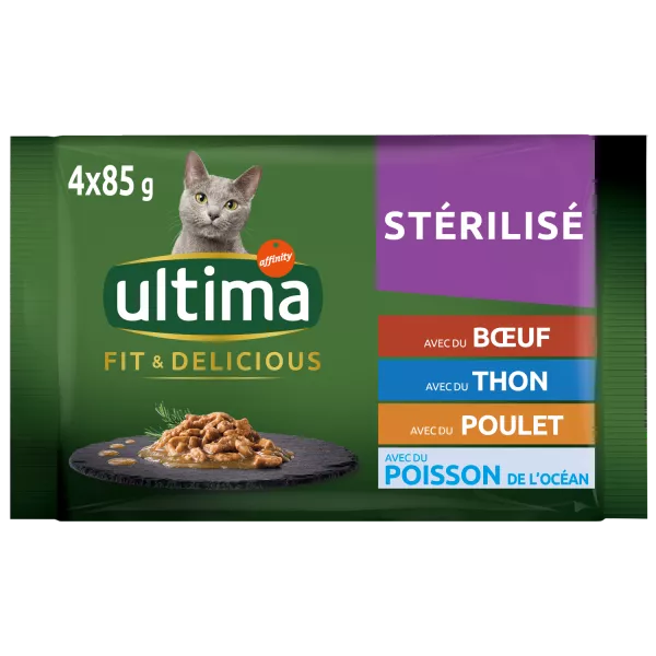 Pâtée pour chat adulte stérilisé bœuf, thon, poulet et poissons de l’océan 4 x 85 g
