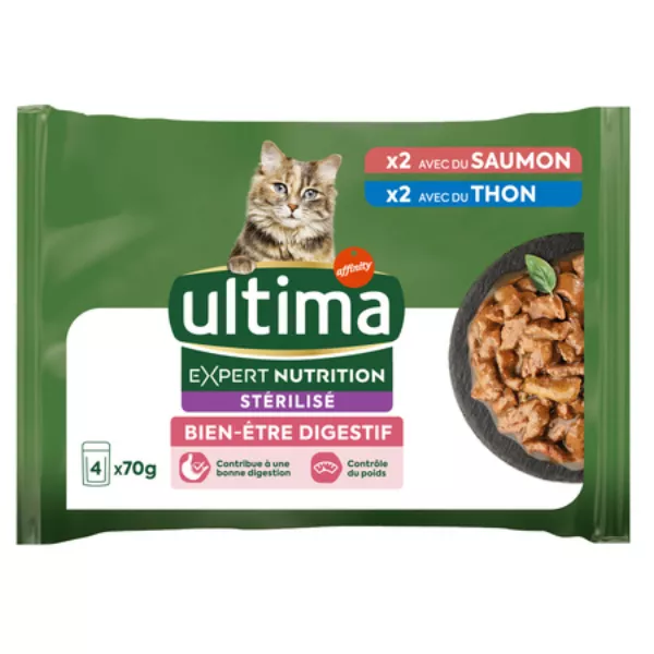 Pâtée bien-être digestif pour chat adulte stérilisé saumon et thon 4 x 70 g