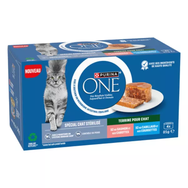 Pâtée pour chat adulte stérilisé en terrine saumon carotte et cabillaud courgette 4 x 85 g